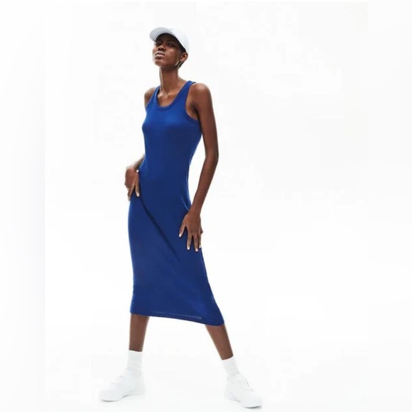 BNWT Lacoste Ribbed Cotton Midi Dress – Navy Blue – Size 8 – Style EF5480 - Picture 1 of 10